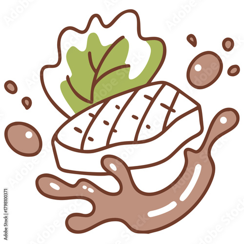 A delightful illustration showcases a grilled steak accompanied by fresh lettuce and a savory sauce, this culinary scene evokes a sense of deliciousness