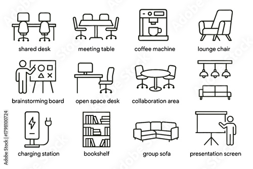 Vector screen coffee icon sofa open table group set coworking office space