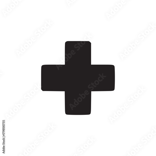 A simple black plus sign centered on a white background providing a minimalist and clean aesthetic look