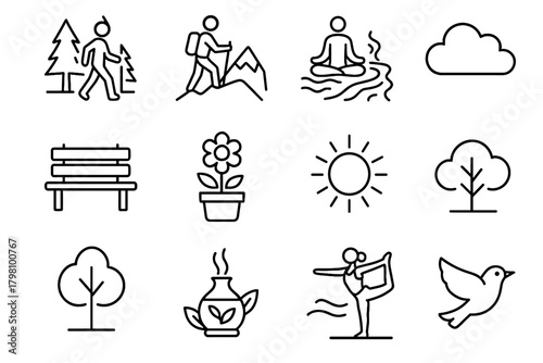 Nature grid flower bench breeze sun vector outdoor yoga natural park icon