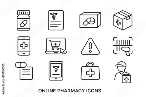 Online alert icon courier bottle health box pharmacy package vector instruction icons