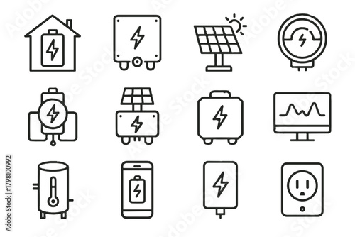 Panel display inverter storage icon smart home solar energy charge hub vector