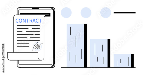 Smartphone displaying signed contract next to bar graph with rising columns. Ideal for business, contracts, technology, analytics, growth, finance, corporate strategy. Simple flat metaphor