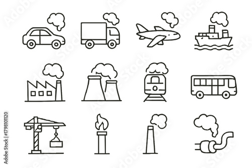 Train sources icon site pipe flare factory gas plant emission icons vector