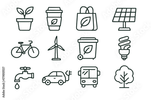 Bulb tree vector bin eco cup panel turbine collection icon bike public