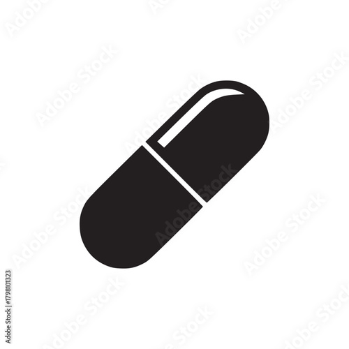 Isolated black and white graphic illustration of a single capsule pill on a white background
