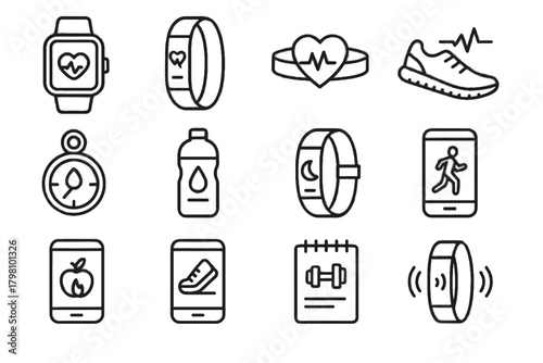 Fitness icons workout hydration heart app sensor rate smart log icon vector