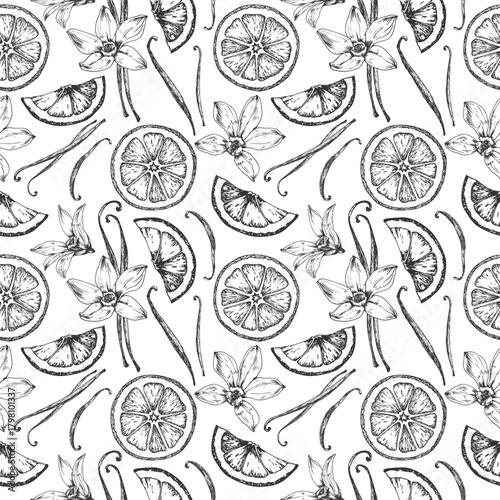 Vanilla and orange seamless vector pattern. Ornament with vanilla flowers, pods, and citrus fruit slices. Template for ice cream and dessert label design.