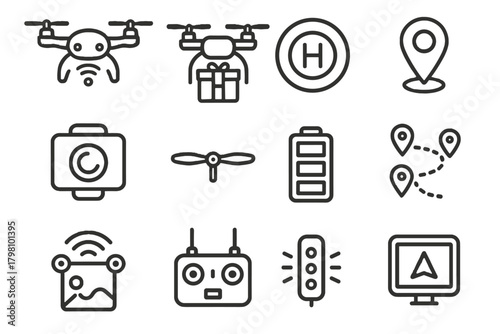 Remote gps route icons pack vector delivery landing module sensor icon drone