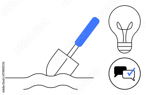Shovel digging soil, lightbulb and dialogue icons highlight ideas, teamwork, and problem-solving. Ideal for innovation, creativity, strategy, communication productivity startups planning. Simple