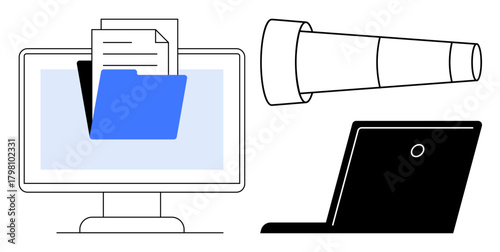 Desktop screen with files and folder, a telescope symbolizing exploration, and a laptop. Ideal for themes thumbs up digital organization, research, remote work, productivity, exploration