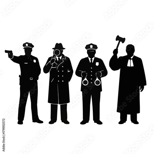Law enforcement officers and a judge ready to serve and protect the community, justice, and security, perfect for legal themes and criminal justice reform