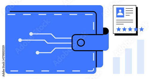 Digital wallet with circuit design, user profile document with star ratings, and bar graph representing technology, finance, identity verification, and online security. Ideal for fintech, digital