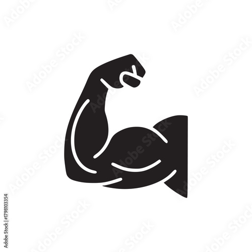 A black silhouette of a muscular arm flexing on a white background showing strength and fitness