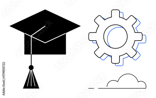 Graduation cap next to a gear and cloud outline, representing education, innovation, technology, development, career growth, knowledge sharing, and opportunity. Ideal for STEM e-learning or tech