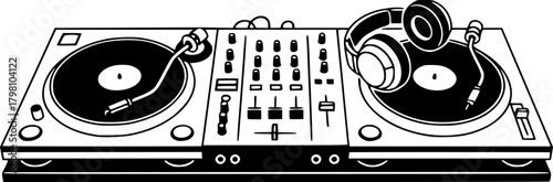 dj table silhouette line art vector illustration with a white background
