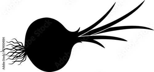 Simple Black Silhouette of an Onion with Green Shoots and Rootlets Hanging Down
