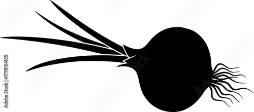 Simple Black Silhouette of an Onion with Green Shoots and Rootlets Hanging Down
