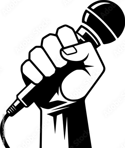 Graphic Black and White Design Fist Holding a Retro Style Microphone Icon