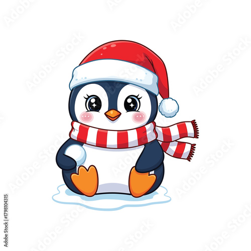 Cute penguin with santa hat and scarf