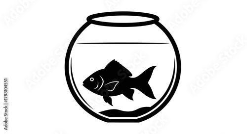 Minimalist Black and White Icon of a Goldfish Swimming in a Classic Round Fishbowl