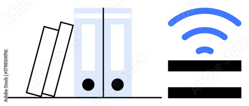 Books leaning against folders on a shelf next to blue wireless connection bars. Ideal for office, digital transformation, remote work, organization, education, productivity, technology. Simple flat