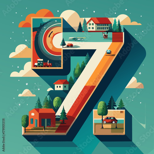 Cartoonish number seven with a smiling face and arms waving on a light beige colored background image