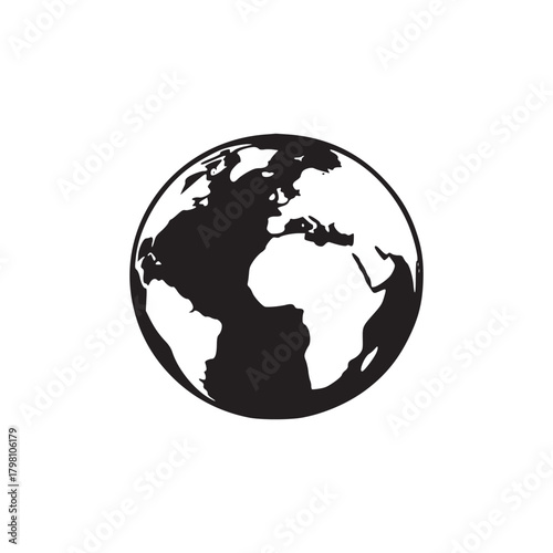 A minimalistic black and white globe illustration on a plain white background in simple style