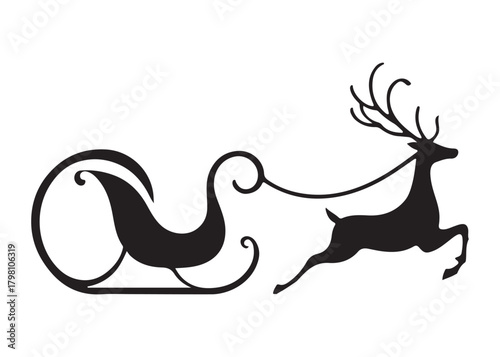 santa flying in sleigh with reindeer logo silhouette vector, santa's sleigh silhouette vector illustration, christmas night sky sleigh and reindeer flying logo silhouettes vector on white background