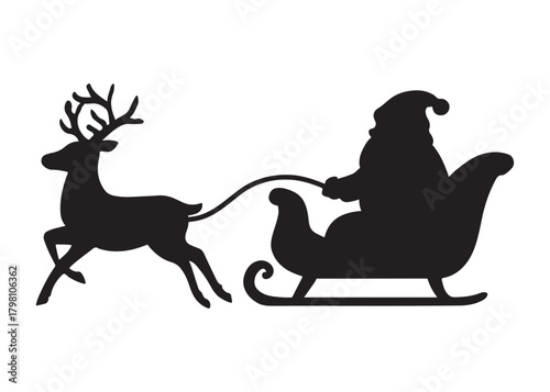 santa flying in sleigh with reindeer logo silhouette vector, santa's sleigh silhouette vector illustration, christmas night sky sleigh and reindeer flying logo silhouettes vector on white background