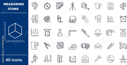 Measuring and Geometry Scientific Tools Vector Icons. Set of 40 line art symbols for measurement, drafting, and lab work. Includes ruler, compass, protractor, and beaker