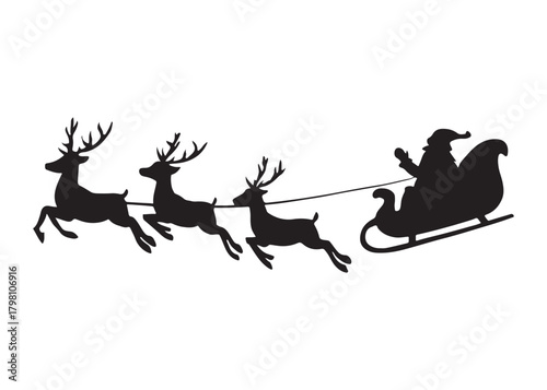 santa flying in sleigh with reindeer logo silhouette vector, santa's sleigh silhouette vector illustration, christmas night sky sleigh and reindeer flying logo silhouettes vector on white background