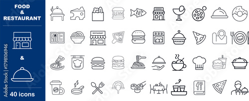Food and Restaurant Vector Icons. Set of 40 line art symbols for dining, cooking, and menus. Includes chef hat, pizza, hamburger, and culinary tools for UI/UX and branding