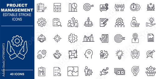 Project Management and Strategy Vector Icons. Set of 40 line art symbols for planning, processes, and goals. Includes Gantt charts, targets, and performance metrics