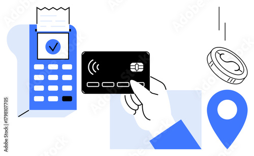 Hand tapping a card on a contactless reader, receipt confirmation, coins, and location pin. Ideal for finance, payment processing, digital banking, shopping, contactless transactions delivery