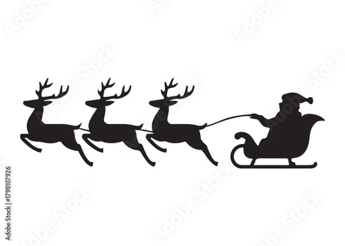 santa flying in sleigh with reindeer logo silhouette vector, santa's sleigh silhouette vector illustration, christmas night sky sleigh and reindeer flying logo silhouettes vector on white background