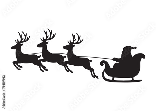 santa flying in sleigh with reindeer logo silhouette vector, santa's sleigh silhouette vector illustration, christmas night sky sleigh and reindeer flying logo silhouettes vector on white background