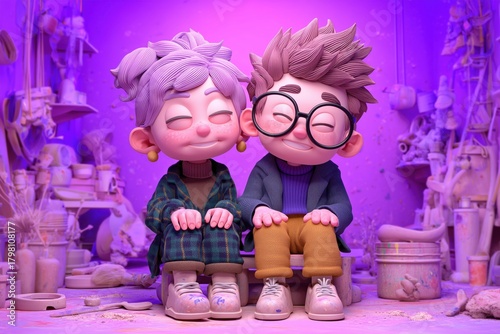 Cute clay-style elderly couple characters in studio