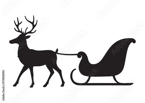 santa flying in sleigh with reindeer logo silhouette vector, santa's sleigh silhouette vector illustration, christmas night sky sleigh and reindeer flying logo silhouettes vector on white background