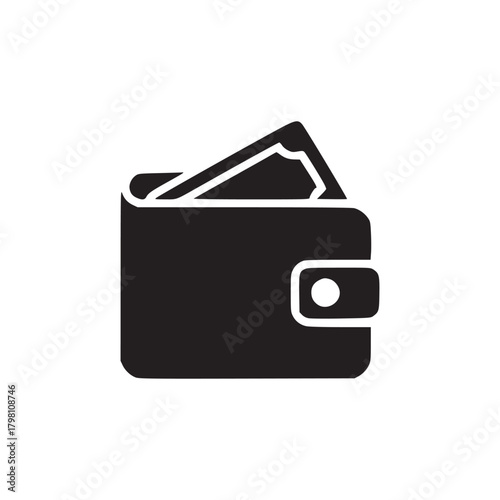 A black wallet with a button and a bill sticking out of it on a white background in a minimalist style