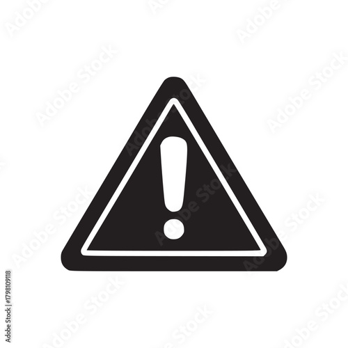 A black and white image featuring a triangular warning sign with an exclamation point inside of it