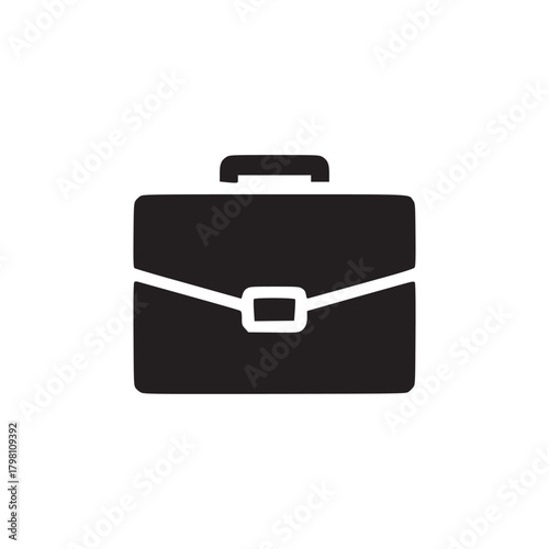 A simple black briefcase icon with a handle and a white latch on a plain white background image