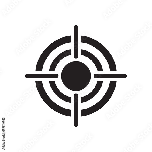 A black and white target icon with concentric circles and intersecting lines in the center of the image