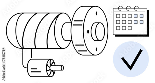 Technical machinery and motor beside a calendar and checkmark highlighting planning, progress tracking, and operational efficiency. Ideal for technology, scheduling, automation, teamwork, goal