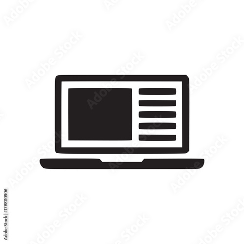 A simple black and white icon of a laptop computer with a screen displaying content and information