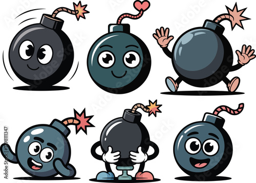 Playful bomb clipart set with hearts wicks and smiling faces fun