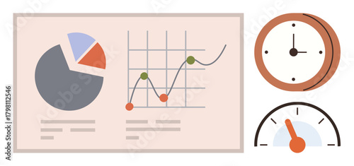 Pie chart and line graph for data trends, clock for time tracking, speedometer suggesting efficiency. Ideal for productivity, performance, metrics, management, growth planning teamwork. Simple flat