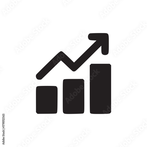 Black graphic icon showing a bar graph with an arrow pointing upwards on a white background plain