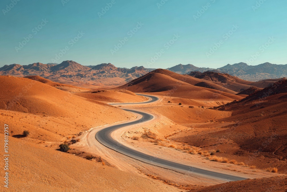 Fototapeta premium Winding paved road curving through vast arid desert dunes with distant mountains under clear blue sky