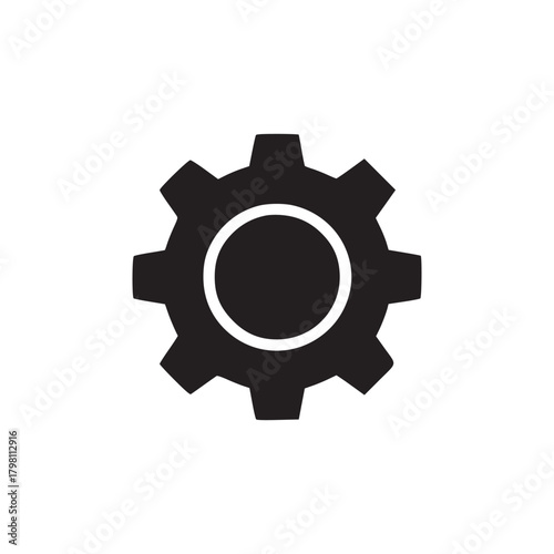 A simple black gear icon centered on a white background with a clean and minimalist design style used